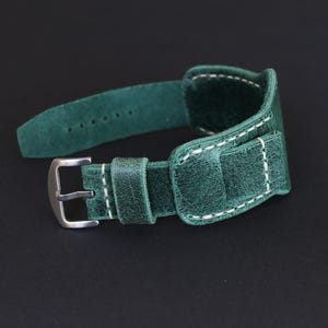 Green Distressed Leather Watch Strap: Handmade Bund Cuff, Aviator Style