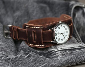 Handmade Distressed Leather Cuff Watch Strap: Badalassi Veg Tanned Band (18-24mm)
