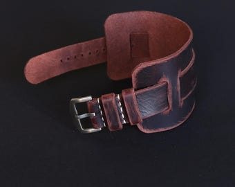 Distressed Brown Leather Bund Watch Strap: Handmade Cuff Band