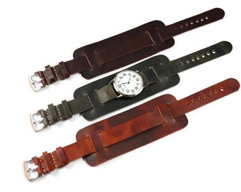 Handmade Full Grain Leather Cuff Watch Band: Aviator Bund Strap