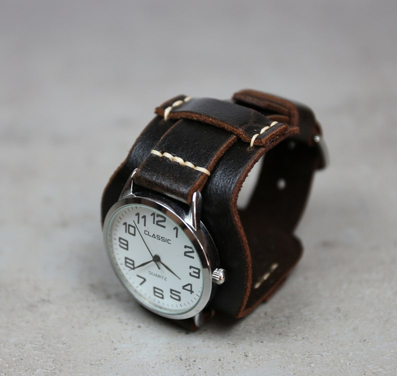 Leather Cuff Watch Strap Dark Brown Distressed Leather Watch Etsy