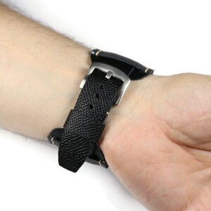 Black leather cuff watch strap, Durable and scratch resistant Bund band, Leather wrist watch band, 18mm 20mm 22mm 24mm, Aviator watch strap