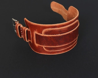 Distressed Brown Leather Bund Watch Strap: Vintage Style Cuff - 18mm 20mm 22mm 24mm