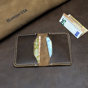 Cartera delgada de cuero Horween Chromexcel, billetera de bolsillo, billetera con funda para hombre, billetera con tarjetero marrón, regalo de cuero hecho a mano