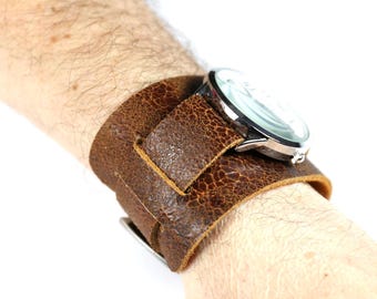 Handmade Brown Leather Bund Watch Band: Vintage Cuff Strap