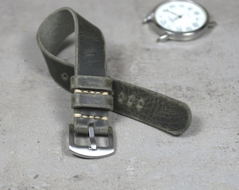 Gray Distressed Leather Watch Strap: Handmade Vintage Wrist Band Mens Womens