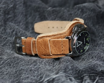 Bund strap High quality Horween Derby Leather watch band natural Brown 18mm 20 mm 22 mm 24mm, Handmade cuff watch strap Aviator
