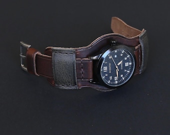 Handmade Brown Leather Bund Watch Band: Aviator Style, Full Grain Strap 18-24mm