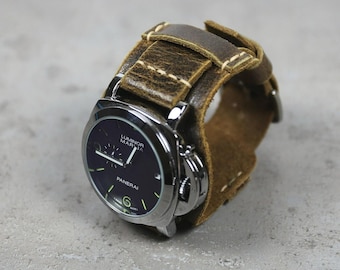 Handmade Brown Leather Cuff Watch Band: Aviator Military Style