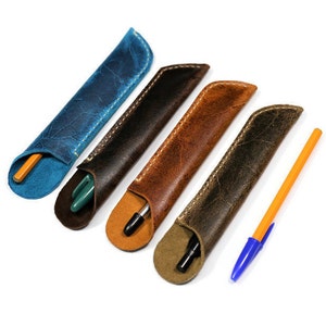 Handmade Leather Pen Case, Crazy Cow Leather, Unique Pencil Holder – Choose Brown, Blue, or Dark brown
