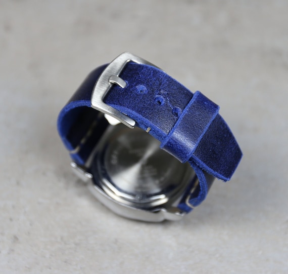 Distressed Blue Leather Watch Band: Handmade Soft Elastic  display picture 3