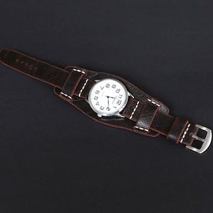 Handmade Dark Brown Leather Bund Watch Strap: Military Aviator Cuff