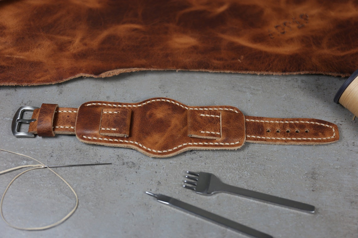 Leather Cuff Watch Strap Horween Derby Full Grain Leather Etsy