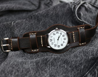 Leather watch strap Dark brown 18mm 20mm 22mm 24mm 26mm, Handmade Bund band Aviator Military, Leather cuff watch band men