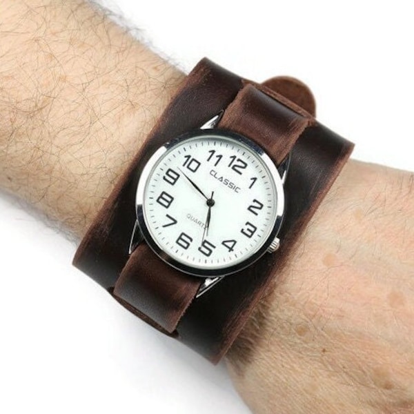 Bande Bund bracelet de montre en cuir vieilli, bracelet de montre manchette en cuir marron 18mm 20mm 22mm 24mm bracelet de montre large en cuir fait main