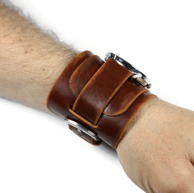 Wide Brown Leather Cuff Watch Strap: Handmade Distressed Veg Tan