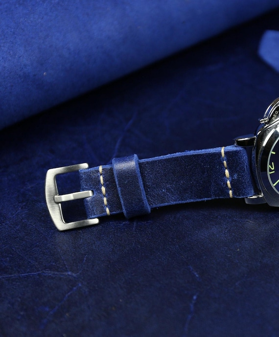 Distressed Blue Leather Watch Band: Handmade Soft Elastic  display picture 1