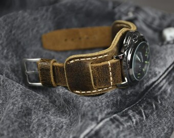 Handmade Brown Leather Bund Watch Strap: Aviator Cuff 18–24mm