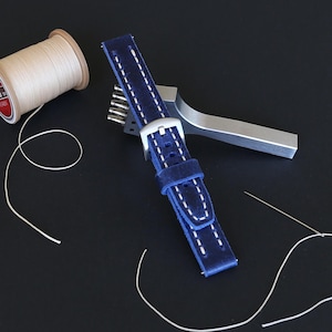 Leather Watch Strap Dark Blue 22x22mm, length 130x80mm Handmade wrist watch band