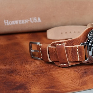 Handmade Horween Derby Leather Bund Watch Strap: Brown Military Aviator Cuff