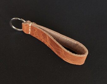 Handmade Horween Leather Keychain: Brown Key Fob with Stainless Steel Ring