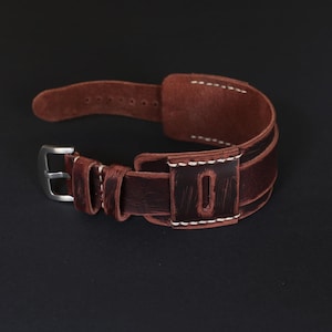 Handmade Dark Brown Leather Bund Watch Band: Distressed Veg Tan Cuff