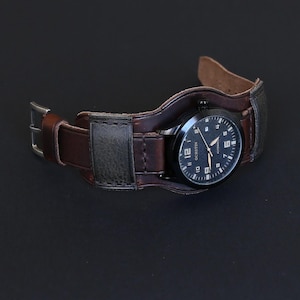 Handmade Brown Leather Bund Watch Band: Aviator Style, Full Grain
