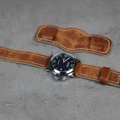 Bund shops strap Horween leather watch band, Brown leather cuff watch strap 18mm 20mm 22mm 24mm Handmade leather bund watch band