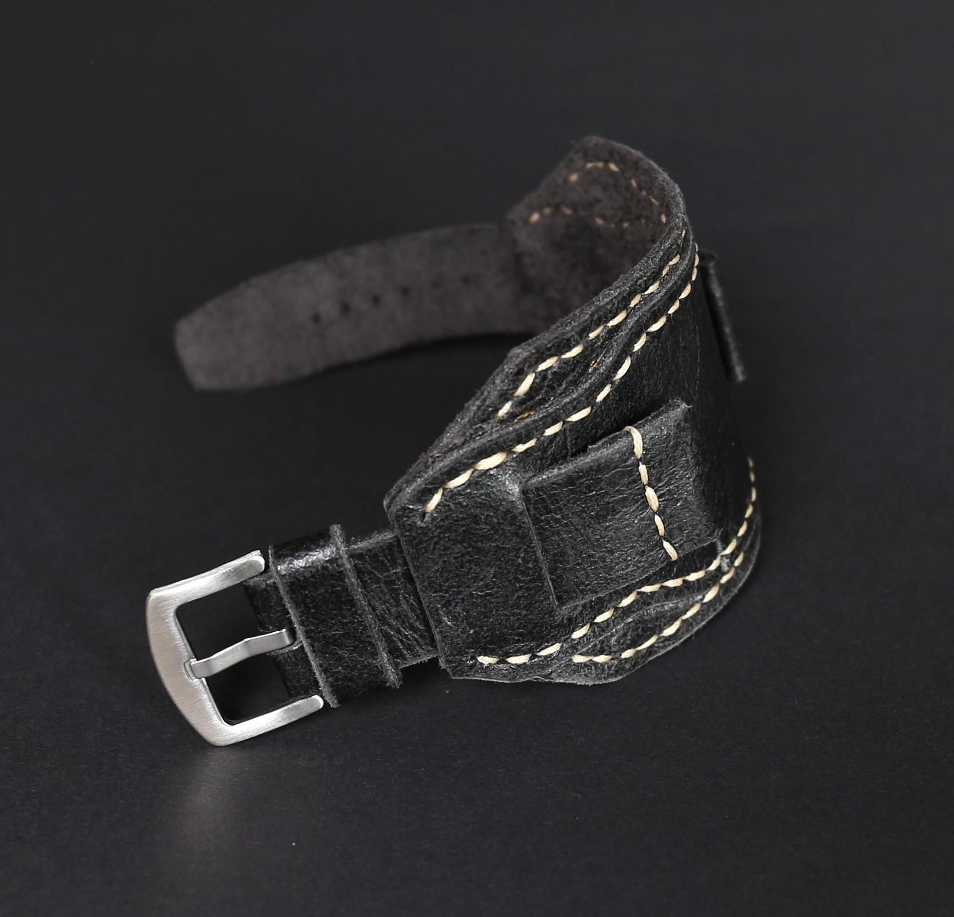 Bund Strap Leather Watch Band Black 18mm 20mm 22mm 24mm Leather Cuff Watch Strap Handmade Wrist Watch Band Aviator Etsy