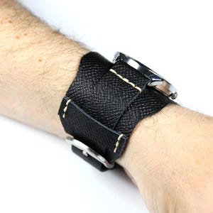 Leather watch band 18mm 20mm 22mm 24mm Black, Bund strap men, Cuff watch strap, Handmade Leather bund band Aviator style