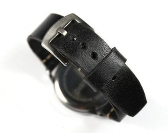 Leather watch strap Black wrist watch band Handmade 18mm 20mm 22mm 24mm, Leather soft watch band Minimalist