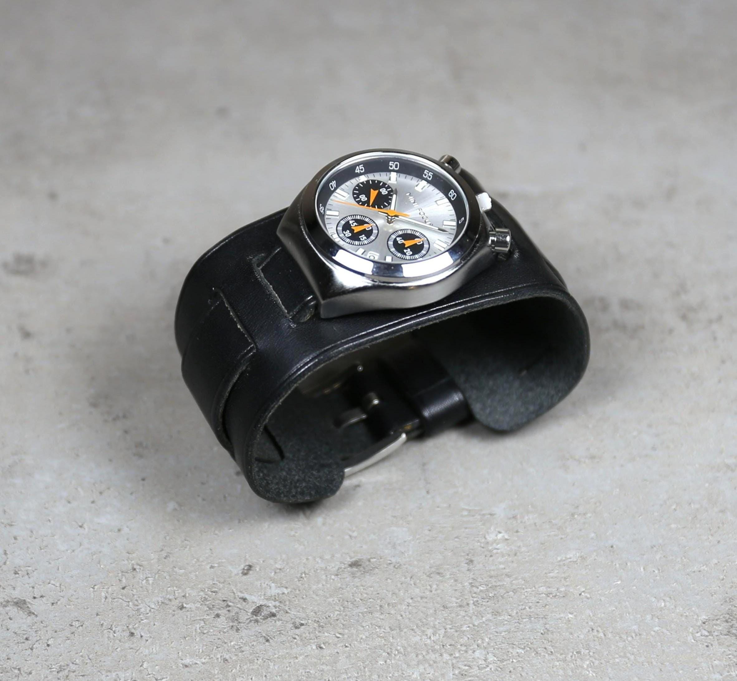 Black Leather Cuff Watch Band, Handmade Bund Strap Aviator  display picture 2