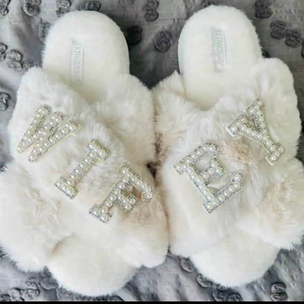 JESSIE - Bride Slippers, Fluffy Cross Pearls slippers, Bride Gift, Bridal Shower Gift, Bachelorette Party Gift I Do Slippers,
