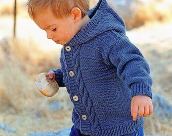 Baby Boys Girls Hooded Cable Jacket Cardigan Collar PDF Knitting Pattern Aran ( 10 ply, Worsted ) 18 - 28" 3mths - 8 years