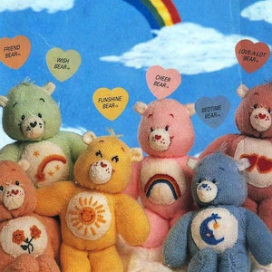 Knitting Pattern Care Bears Soft Toy & Motif Sweater 6 x Designs Teddy Height 10" 26cm PDF DK 8ply Jumper chest 22 - 28" 1 - 8 yrs Vintage