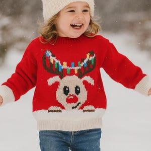 Knitting Pattern PDF Childs Reindeer Motif Christmas Sweater Boys Girls Festive Jumper  DK 8ply 18 - 26" 3mths - 7 yrs Downloadable