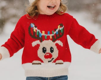 Knitting Pattern PDF Childs Reindeer Motif Christmas Sweater Boys Girls Festive Jumper  DK 8ply 18 - 26" 3mths - 7 yrs Downloadable