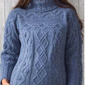 Ladies Elegant Celtic Cable Sweater Womens Irish Tunic Jumper PDF Knitting Pattern DK 8ply 34 - 50&quot; Plus Sizes High Cable Neckline Download