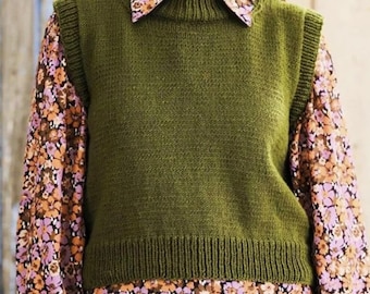 May include: A green sleeveless knitted sweater vest with a ribbed neckline and hem.