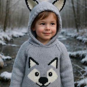 Puede incluir: Sudadera con capucha de punto gris con un diseño de cara de lobo en la parte delantera. La capucha tiene orejas de lobo adjuntas con ribete negro. El niño lleva vaqueros azules. El fondo es un bosque nevado con un arroyo.