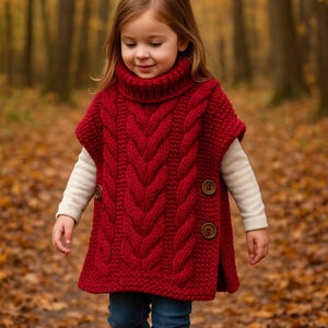 May include: A red cable-knit poncho with a roll neck and wooden buttons. The poncho is worn over a white long-sleeved top, paired with blue jeans and brown boots. The image is taken outdoors in a forest setting.