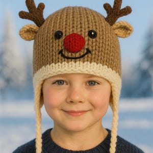 Age 2 - Adult Chunky Christmas Reindeer Helmet Hat Earflaps Muffs Easy Knit Bulky Novelty Cap Boys Girls Womens Downloadable