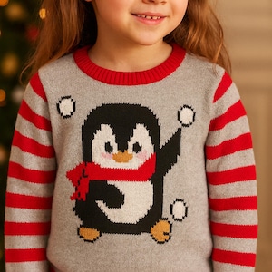 Childs Penguin Motif Christmas Sweater PDF Knitting Pattern Baby Toddler Festive Jumper Boys Girls Striped DK 8ply 18 - 26&quot; 3m - 7y Download