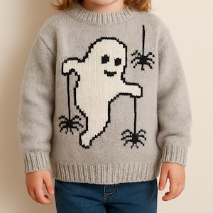 Ghost & Pet Spider Intarsia Motif Sweater Halloween Jumper PDF Knitting Pattern Boys Girls Toddler Baby DK 8ply 18 - 26&quot; 3m -7yr Download