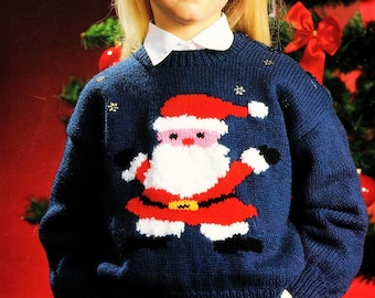 May include: A blue knitted sweater with a white collar and a red and white Santa Claus design. The sweater has a snowflake pattern.