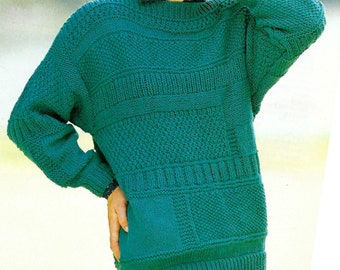 Womens Easy Knit Patchwork Tunic Sweater Chunky Ladies Jumper PDF Knitting Pattern Bulky 12 ply Chest 38" Vintage 80s Downoadable