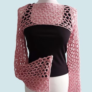 PDF Crochet Pattern Womens Crop Mesh Shrug Sweater Ladies Cropped Fishnet Sleeve Top Cotton DK 8ply Girls Age 10 - Adult 30 - 50" Plus Sizes