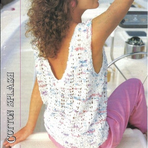 May include: A white crocheted sleeveless top with pink and blue stripes. The top has a deep V-neck and is worn by a person with long brown curly hair. The text "Teens sizes included" is visible in the upper right corner of the image.