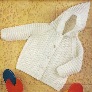 Easy Knit Baby Toddler Boys Hooded Jacket Textured Raglan Cardigan PDF Knitting Pattern DK 8ply 20 - 22&quot; 6mths - 2 years Vintage Download