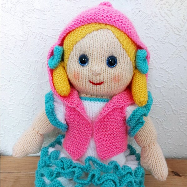 Knitting Pattern PDF Riva Rag Doll with Clothes Frilly Dress Hooded Gillet Shoes Socks Knitted Hair 48cm 18" DK ( 8ply) Download Ragdoll Toy